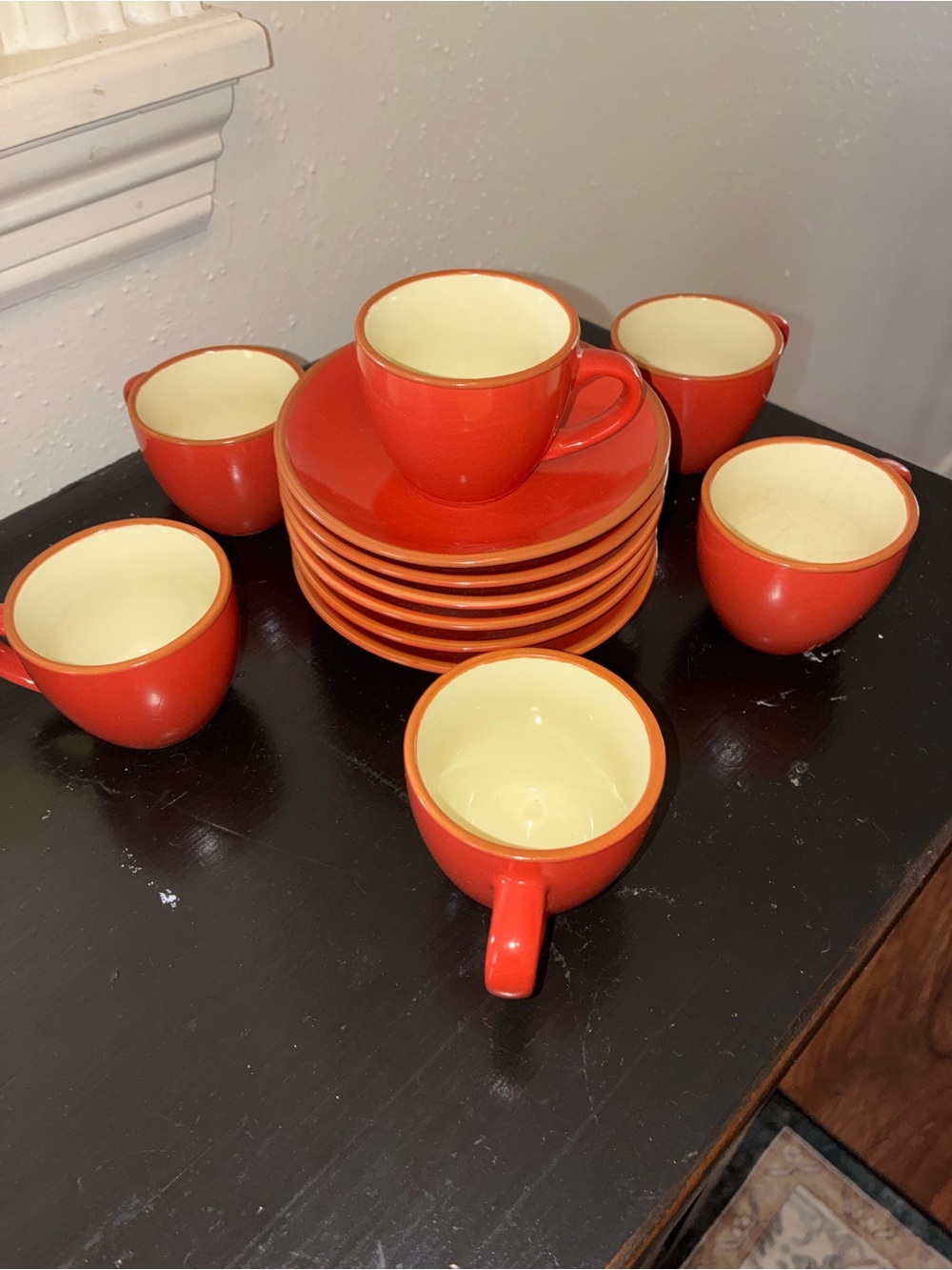 Red Ceramic Coffee Cup Set with Cream Interior - 6 Pieces